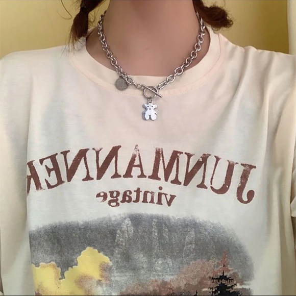 New - Anthropologie Patina Silver Cute Bear Love Peace Heart Necklace - Picture 13 of 15